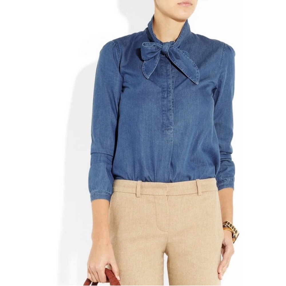 A.P.C. Blue Denim Pussy Bow Blouse, Size L